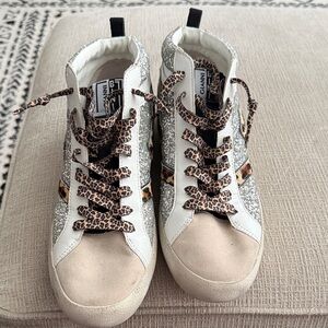 Ganni Silver Glitter Sneakers with Leopard Laces
